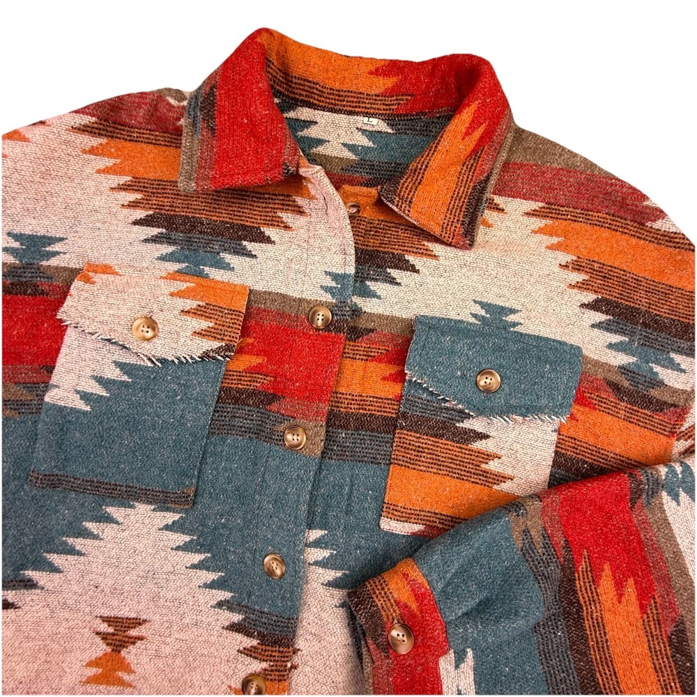 Womens Southwest Pattern Shirt Jacket Sz L Long Sleeve Western Aztec Pockets